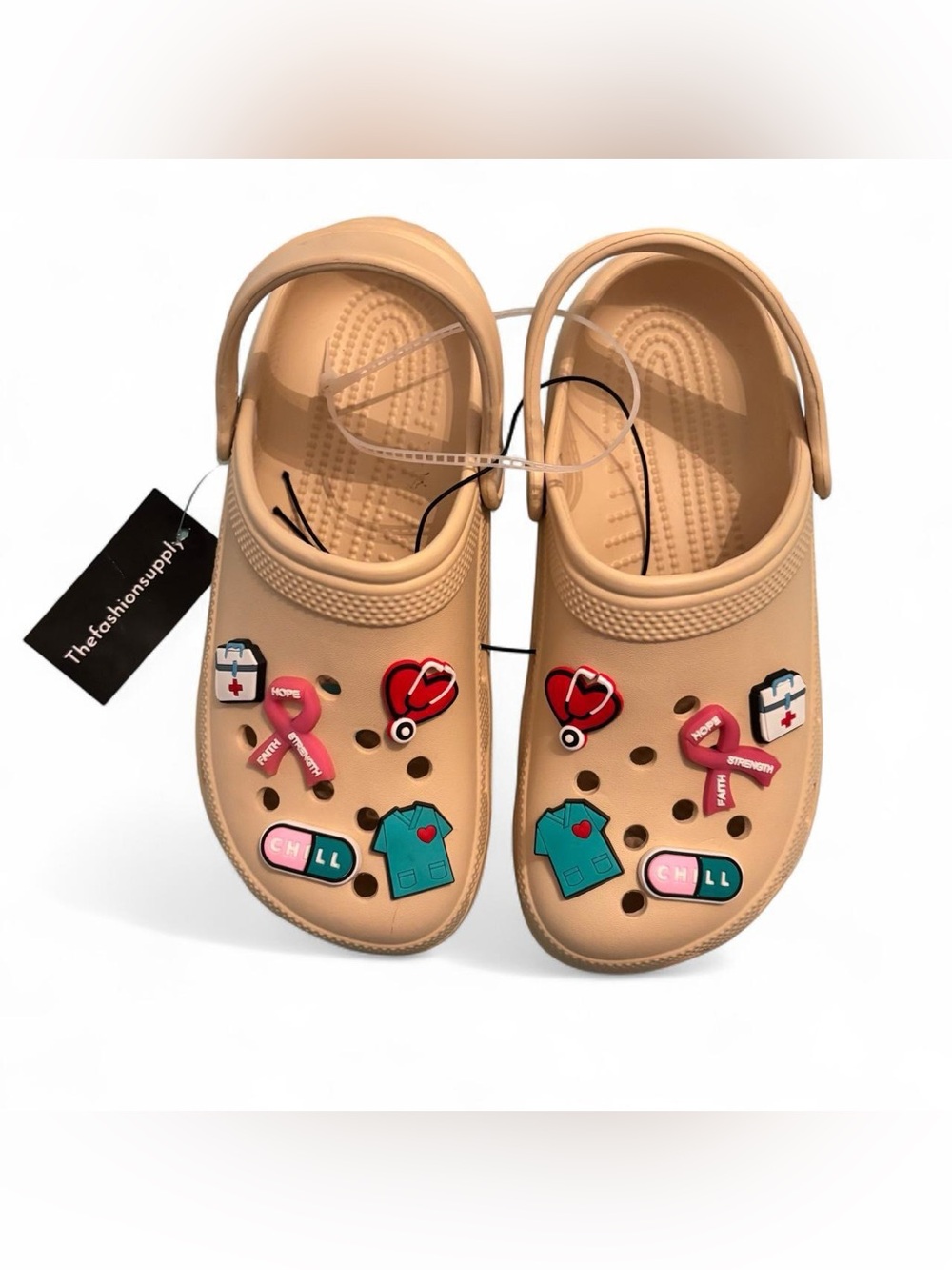 NWT Beige Clog Shoes with Medical Charm Accents
